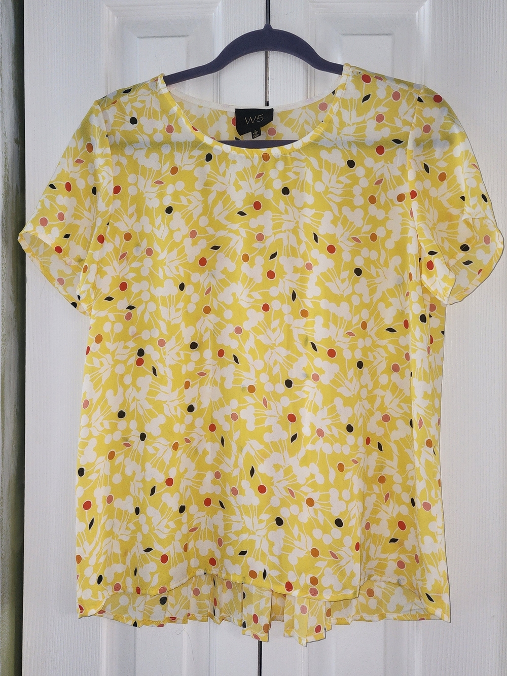 W5 Yellow Floral Short Sleeve Blouse with Red & Black Dots